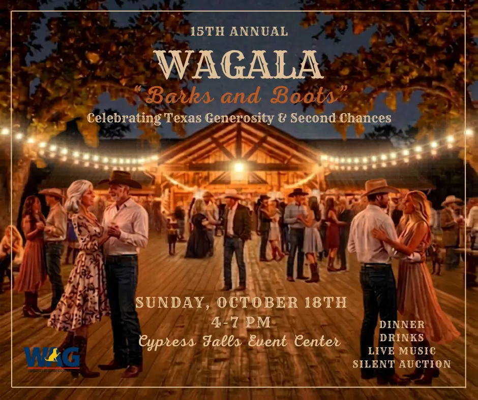 Invitation to WAG Rescue's 15th Annual WAGala: Barks & Boots, Sunday, October 18, 2026
